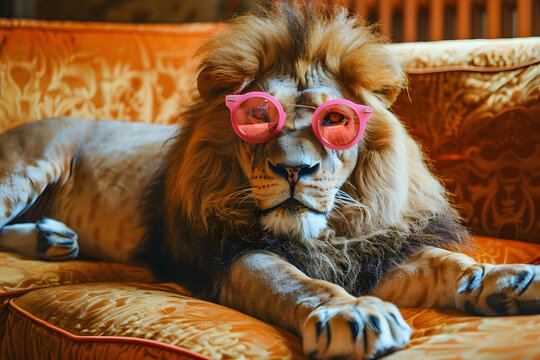 Portrait of a lion with pink sunglasses.