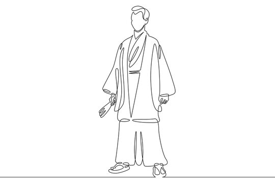 recommend clip art: One continuous line.Japanese man character in traditional folk national clothes yukata and hakama. National clothes of Japan.Continuous line drawing.Line Art isolated white background.