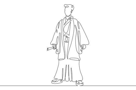 recommend clip art: One continuous line.Japanese man character in traditional folk national clothes yukata and hakama. National clothes of Japan.Continuous line drawing.Line Art isolated white background.