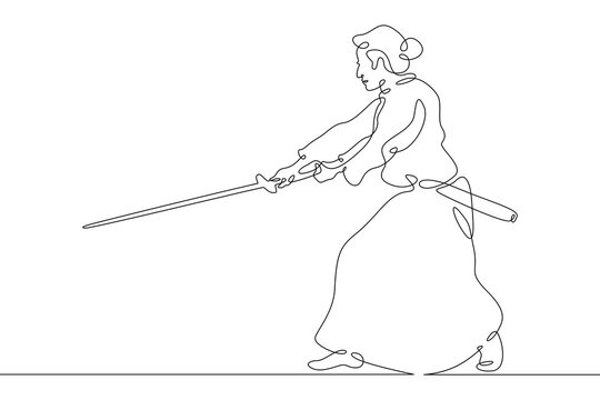 recommend clip art: One continuous line.Japanese samurai warrior in historical costume. Asian military national costume. Samurai in battle dress.Continuous line drawing.Line Art isolated white background.