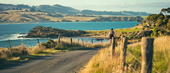 A cyclist enjoys a seaside ride along a beautiful coastal path under a clear blue sky.