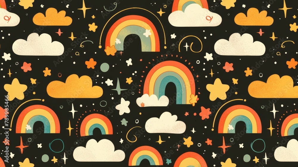 Poster a mesmerizing black pattern adorned with enchanting rainbows stars and clouds that is perfect for a 
