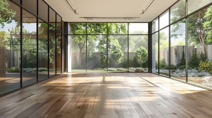 A large, empty room with a lot of windows and a wooden floor. The room is bright and airy, with sunlight streaming in through the windows. The space is open and inviting, with a sense of calm