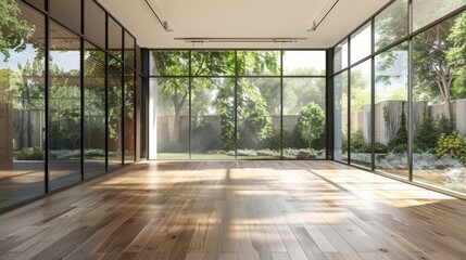 Fototapeta premium A large, empty room with a lot of windows and a wooden floor. The room is bright and airy, with sunlight streaming in through the windows. The space is open and inviting, with a sense of calm