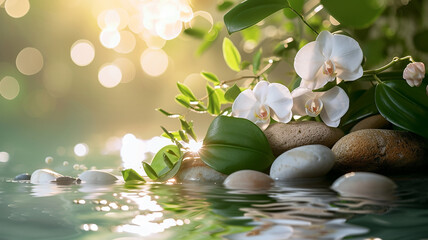 blooming white orchid on moist pebbles near a reflective water surface