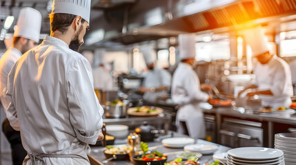 A chef in his uniform. standing in a bustling restaurant kitchen with staff and sous-chefs preparing dishes. The perspective is from behind him as he supervises his teams work during dinner service