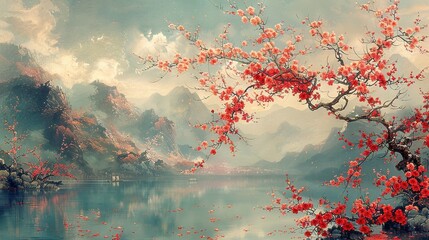 Cherry tree branch watercolor, lake in the mountains