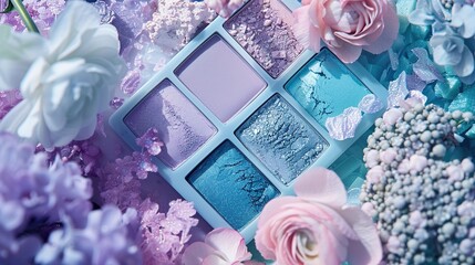 a whimsical fairytale-inspired eye shadow palette with soft pastel shades of lavender, mint, and baby blue. Capture the magical and dreamy essence of the colors.