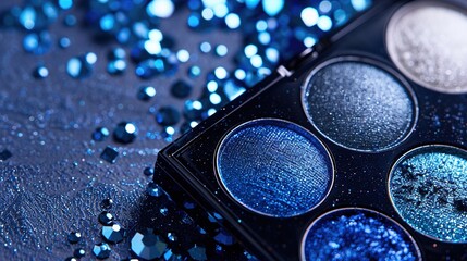  a winter wonderland-inspired eye shadow palette with cool icy blues, shimmering silvers, and deep navy tones. Highlight the frosty and elegant nature of the shades.