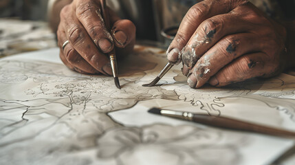A closeup of a painters hands sketching intricate designs on canvas. showcasing the talent and creativity in painting. The focus is on detailed sketches with paintbrushes - obrazy, fototapety, plakaty
