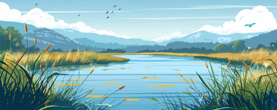 A tranquil coastal marshland with tall reeds, winding waterways, and diverse birdlife. Vector flat minimalistic isolated illustration.