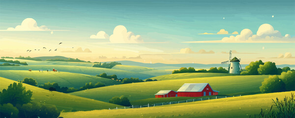 A serene rural farmland with rolling hills, peaceful pastures, and quaint windmills. Vector flat minimalistic isolated illustration. - obrazy, fototapety, plakaty