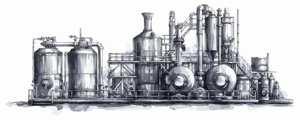 Alcohol ethanol production, distillery. Vintage distillation apparatus sketch. vector simple illustration