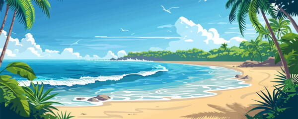 Fototapeta na wymiar An idyllic beach and ocean landscape. vector simple illustration