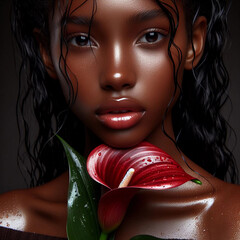 A girl with a red calla flower on a dark background.