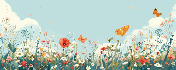A peaceful meadow filled with vibrant wildflowers and fluttering butterflies. Vector flat minimalistic isolated illustration.