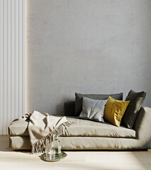 Living room interior wall mock up with gray sofa, yellow pillow and plaid on empty beige wall...