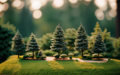 Coniferous trees on a hill, miniature, Ecology and save nature concept, banner, poster, flyer,...