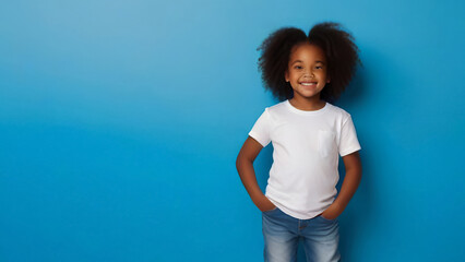 mockup of a dark-skinned girl in a white T-shirt against a white wall. Smiling child, copy space