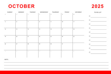 October 2025 calendar. Monthly planner template. Sunday start. Vector design