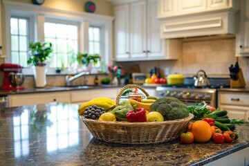 Obraz na płótnie Canvas kitchen island adorned with fresh fruits and vegetables