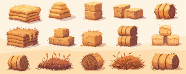 Hay bales, piles, heaps and stacks set. Isolated on background. Cartoon flat vector illustration