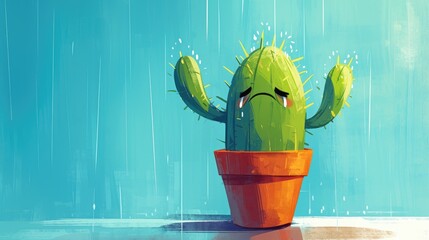 A cartoon of a sad cactus under the rainy season depicted in 2d format - obrazy, fototapety, plakaty