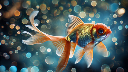 Red gold fish underwater , hungry fish , symbol of prosperity, luck and longevity, fulfillment of desires - obrazy, fototapety, plakaty