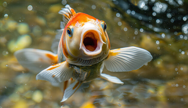 Koi fish in the pond, hungry fish, waiting for someone to feed them, red gold carp fish