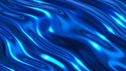 Liquid chrome waves background, shiny and lustrous blue metal pattern texture, silky 3D illustration.