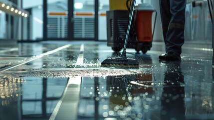 Office cleaner washes the floor. Cleaning profession concept - obrazy, fototapety, plakaty