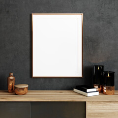 mock up blank poster frame in black modern interior with stylish decoration, frame in luxury and...