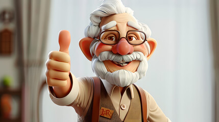 Happy smiling cartoon character old senior elder mature man grandfather person showing thumb up gesture in 3d style design on light background. Successful human people with ok like cool finger concept