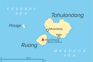Ruang, an active Indonesian volcanic island, political map. The southernmost stratovolcano in the Sangihe Islands arc, North Sulawesi, Indonesia. Located southwest of the nearby island Tahulandang.