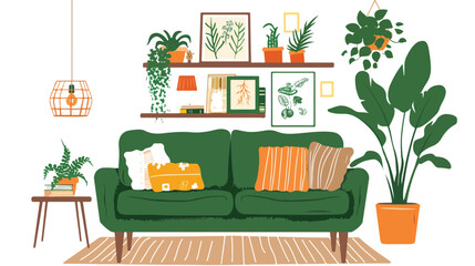 Interior living room with bookcasesofa houseplant. vector