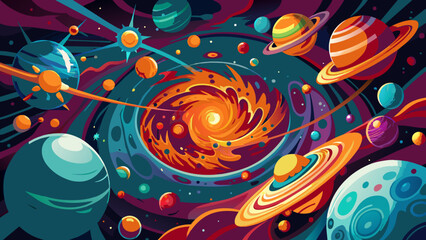 Vibrant Cosmic Galaxy with Whirling Planets and Stars Illustration
