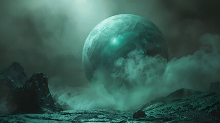 A colossal sphere with emerald light glowing from it. against a dark setting - obrazy, fototapety, plakaty