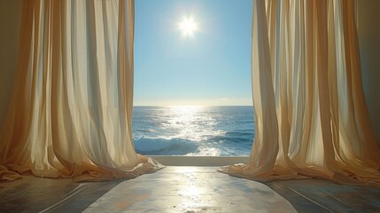 A window with curtains open to the ocean. The curtains are white and the sun is shining through them. The scene is peaceful and calming