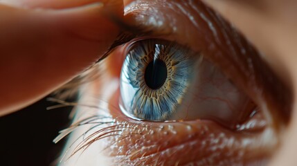 Close-up shot of finger inserting contact lens on human iris, ophthalmology and vision concept