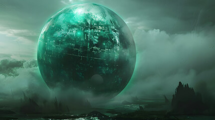 A colossal sphere with emerald light glowing from it. against a dark setting