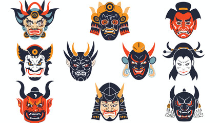 Japanese noh masks set. Asian theater scary demons 