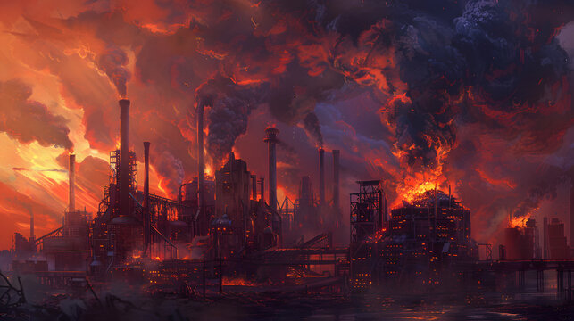 A colossal steel corporations smelting site is aflame. with billows of smoke and infernos surging from the terrain. The twilight firmament overhead exhibits fierce blasts in a factory environment. 