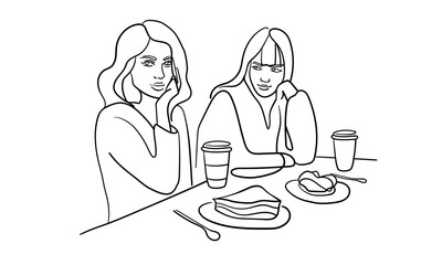 Girlfriends drinking coffee. Envy, resentment, gloating isolated on white background. Coffee line art drawing. Vector illustration