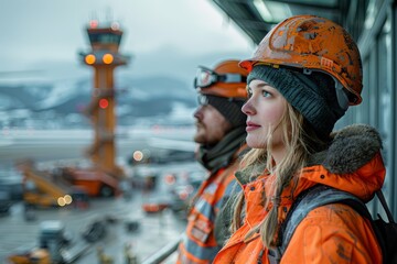 The image captures a female worker observing operations at an airport runway, with the air traffic control tower in background