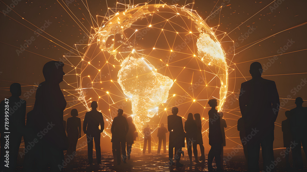 Poster a computer-generated sphere encircled by connectivity lines. with silhouettes of digital marketers a