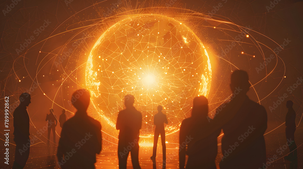 Poster a computer-generated sphere encircled by connectivity lines. with silhouettes of digital marketers a