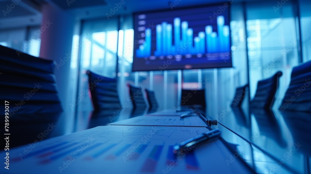 Poster a board meeting where figures and graphs are presented revealing key data on the current state of po