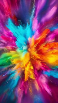 Colorful powder particles explosion in vibrant spectrum of rainbow colors on black background. Holi festival backdrop