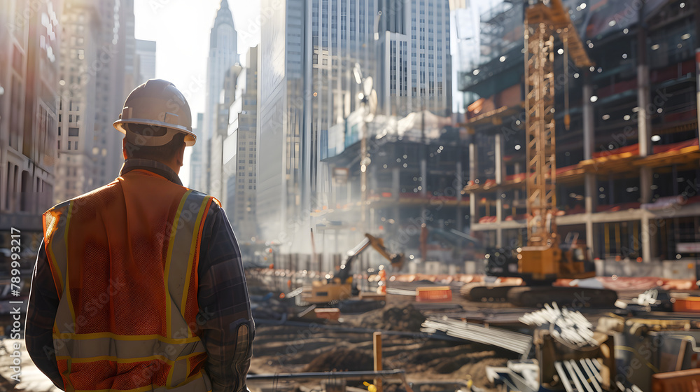 Poster a construction worker wearing safety gear. standing in front of an industrial building site with cra
