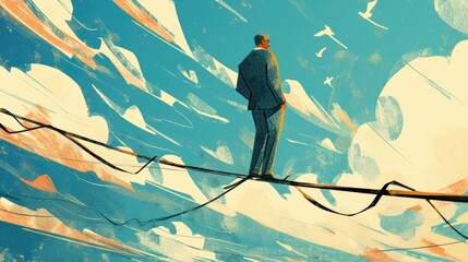 A businessman is delicately balancing on a tightrope skillfully navigating the challenges ahead